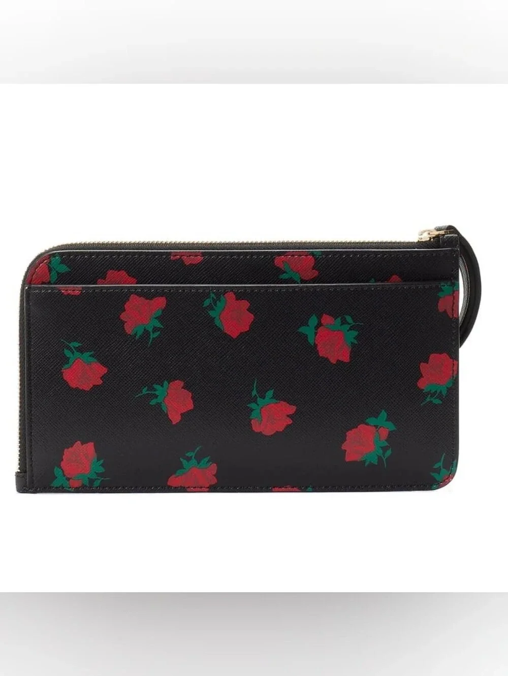 Kate Spade Black Floral Zip Wristlet with Red Roses